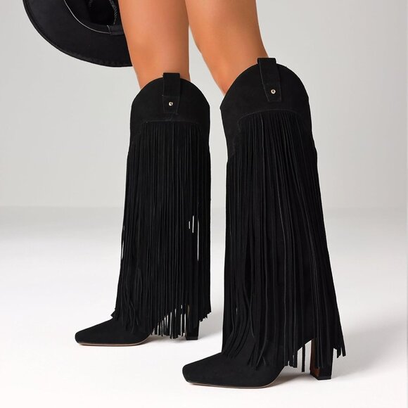 Women's Black Suede Knee High Fringe Boots Chunky Heel Tall Shoes Pull-On Party - Picture 4 of 6
